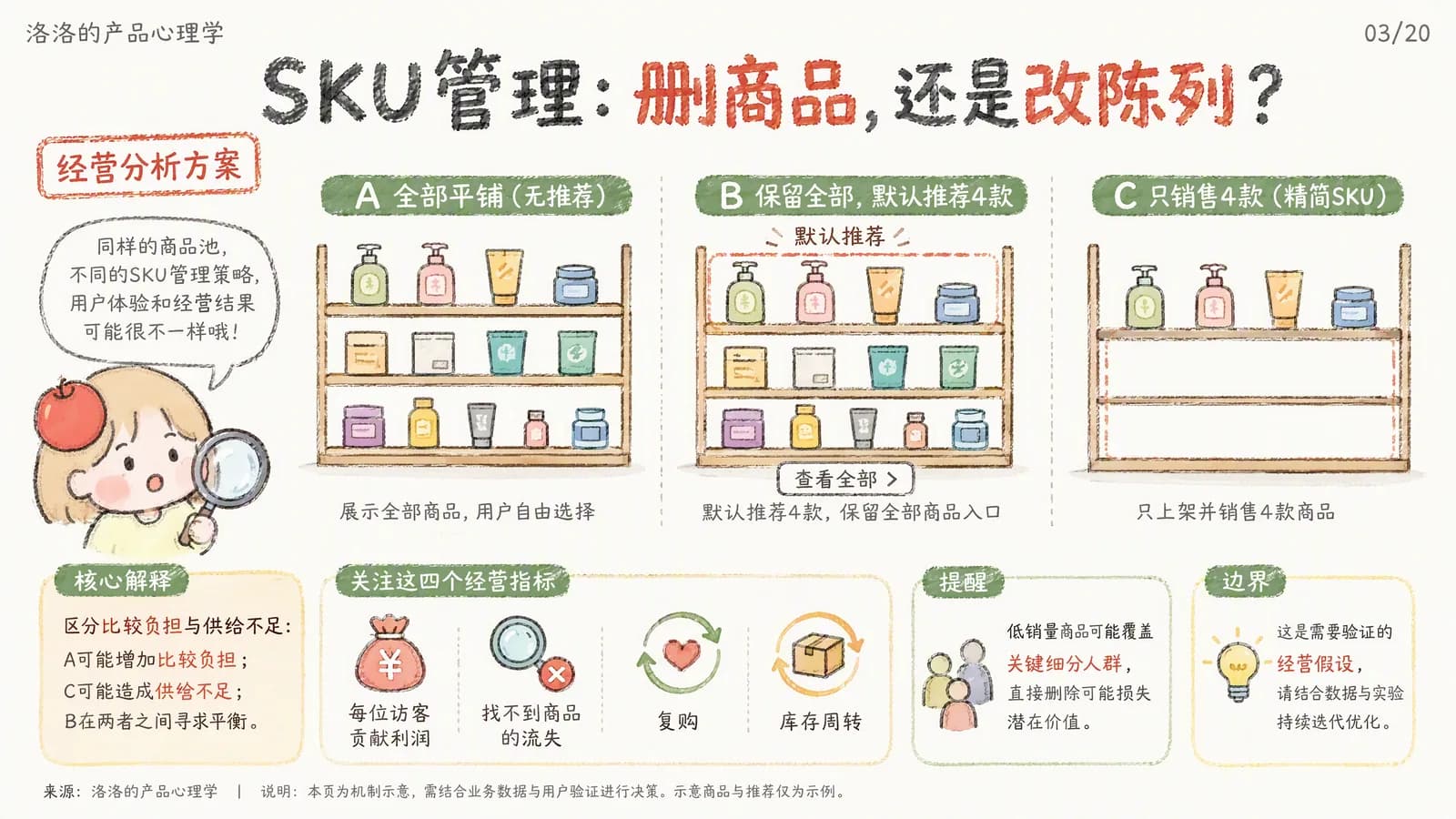 SKU 管理信息图：A 全部平铺、B 保留全部并默认推荐 4 款、C 只销售 4 款，三种策略对比与四个经营指标