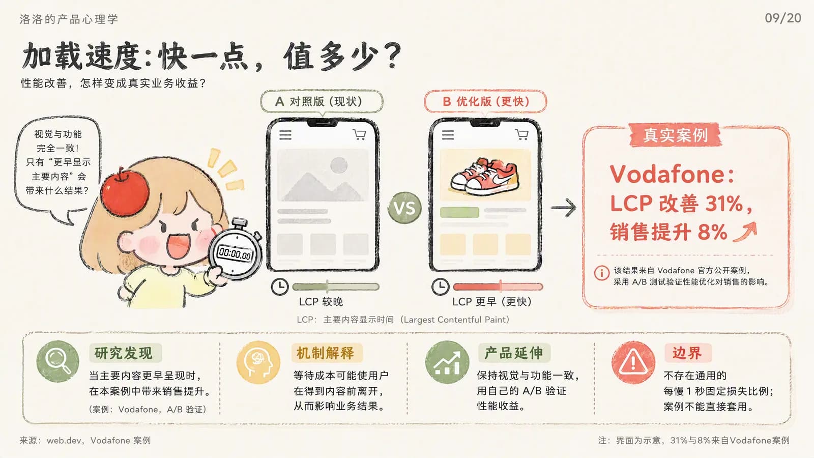 加载速度信息图：A 对照版与 B 优化版视觉和功能完全一致，区别只是主要内容显示时间 LCP 的早晚；右侧为 Vodafone 官方公开案例，LCP 改善 31%，销售提升 8%，采用 A/B 测试验证